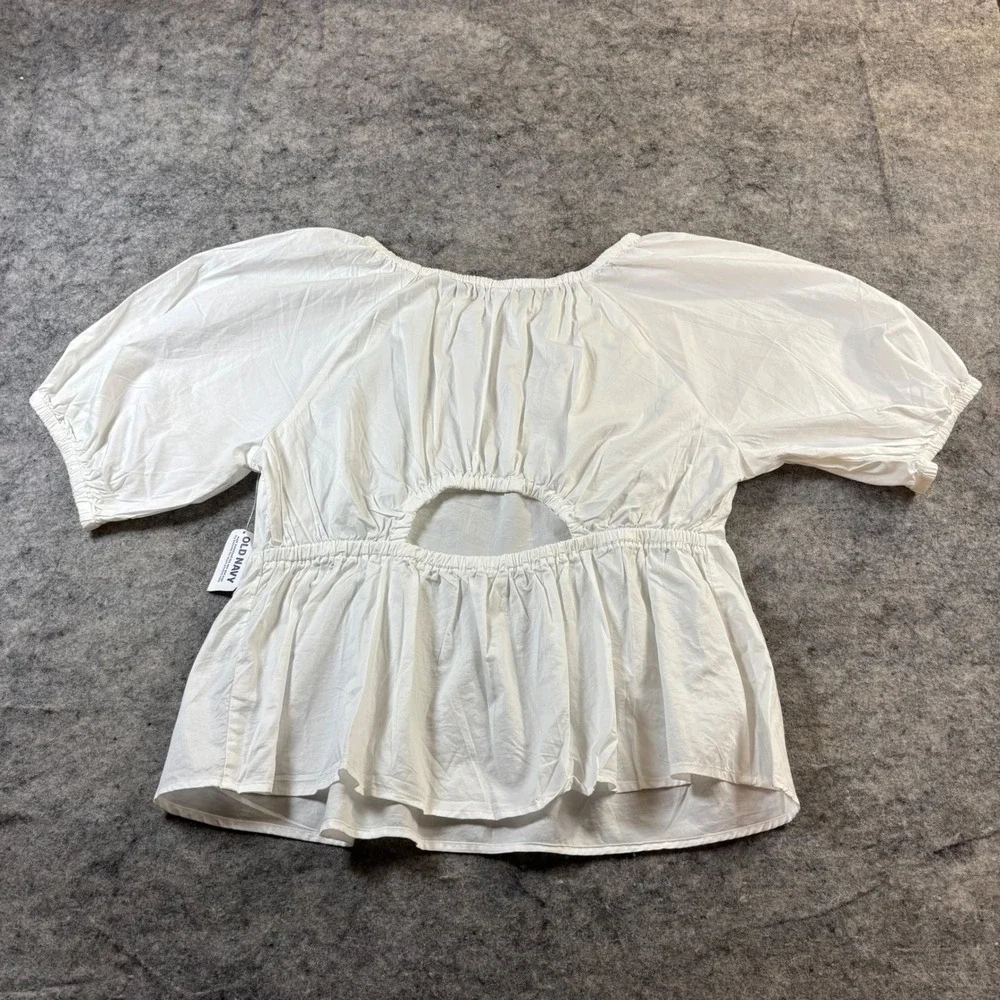 Old Navy Women's White Puff Sleeve Peplum Blouse Cut-Out Back Top Large